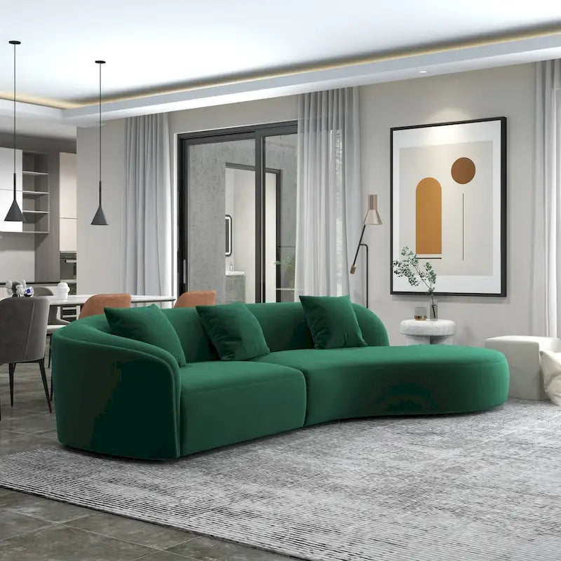 Gold / Dark Green Velvet Curved Tufted Sofa, 2-Seater