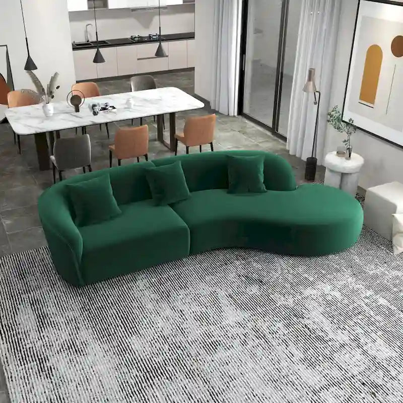 Gold / Dark Green Velvet Curved Tufted Sofa, 2-Seater