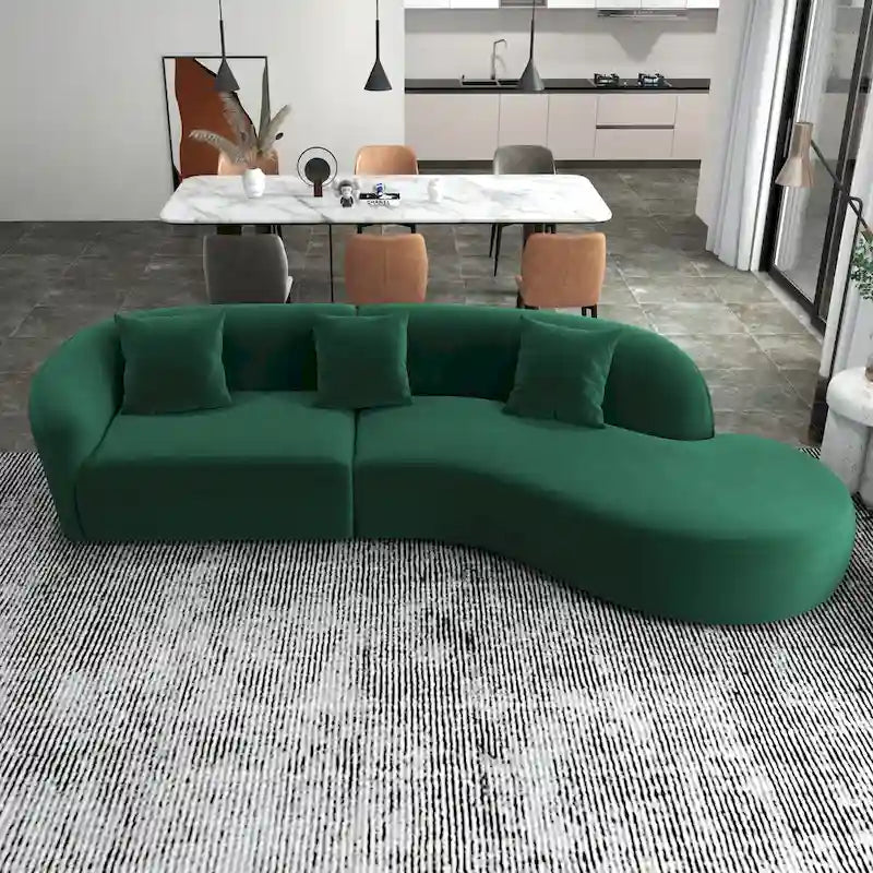 Gold / Dark Green Velvet Curved Tufted Sofa, 2-Seater