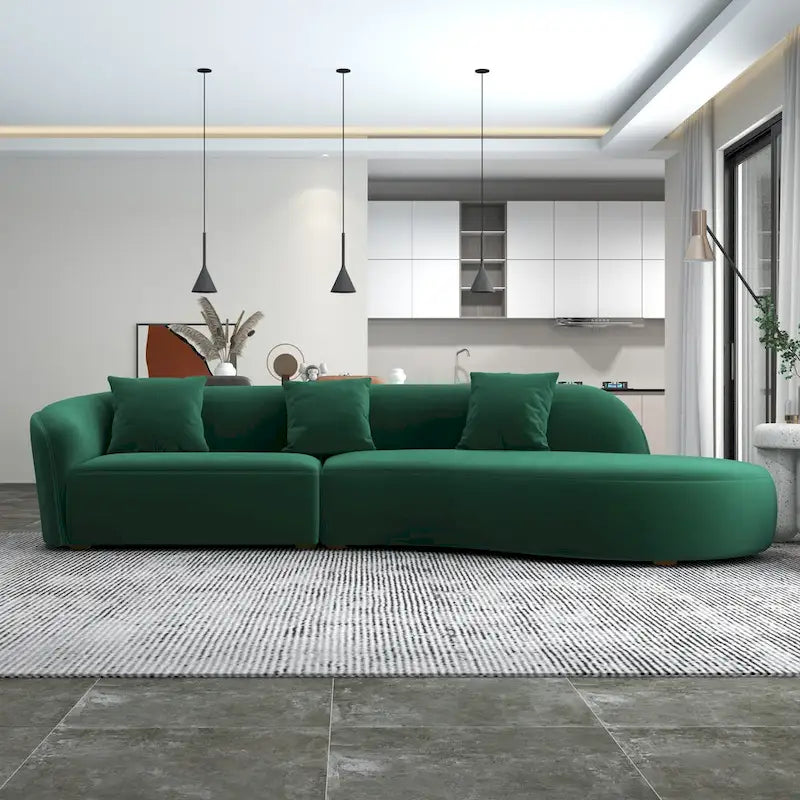 Gold / Dark Green Velvet Curved Tufted Sofa, 2-Seater