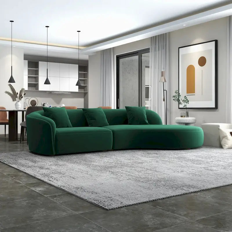 Gold / Dark Green Velvet Curved Tufted Sofa, 2-Seater