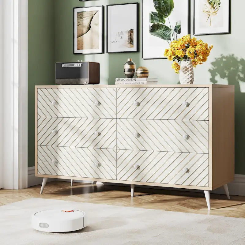 6-Drawer Dresser with Metal Legs, Brown / White, 1-Person Assembly