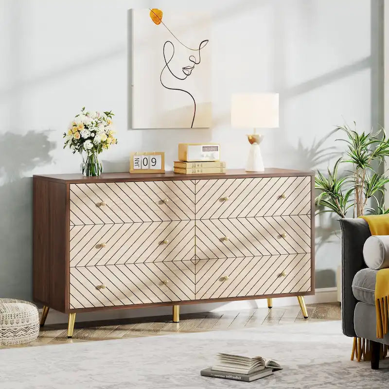 6-Drawer Dresser with Metal Legs, Brown / White, 1-Person Assembly