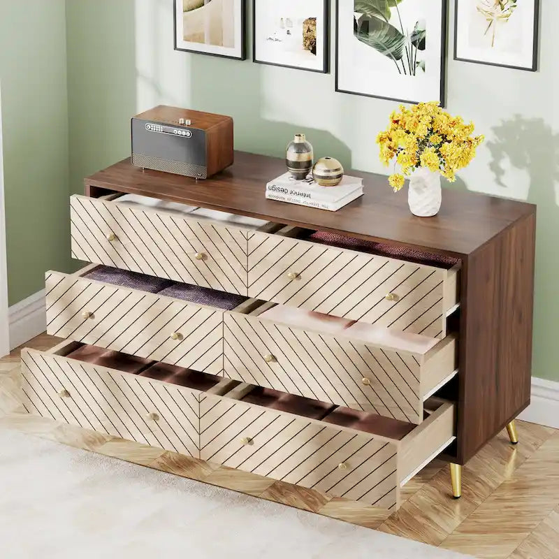 6-Drawer Dresser with Metal Legs, Brown / White, 1-Person Assembly