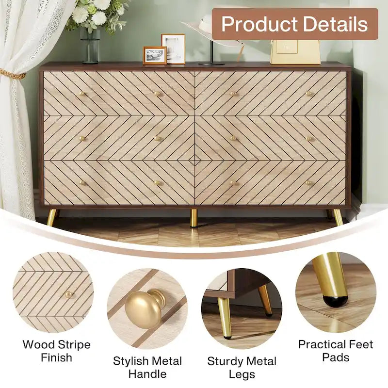 6-Drawer Dresser with Metal Legs, Brown / White, 1-Person Assembly