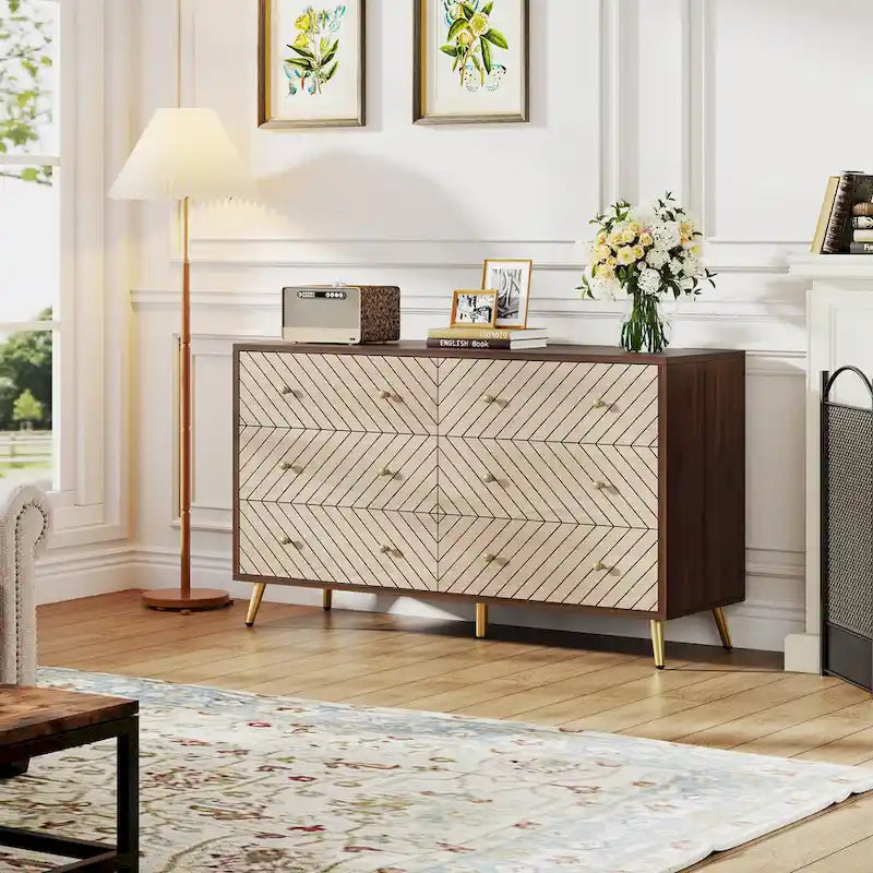 6-Drawer Dresser with Metal Legs, Brown / White, 1-Person Assembly