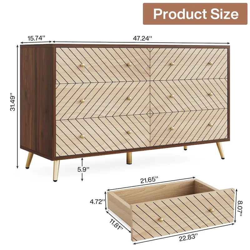 6-Drawer Dresser with Metal Legs, Brown / White, 1-Person Assembly