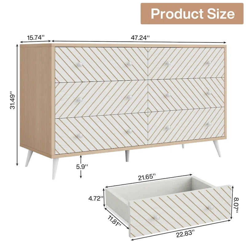 6-Drawer Dresser with Metal Legs, Brown / White, 1-Person Assembly