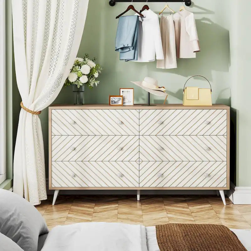 6-Drawer Dresser with Metal Legs, Brown / White, 1-Person Assembly