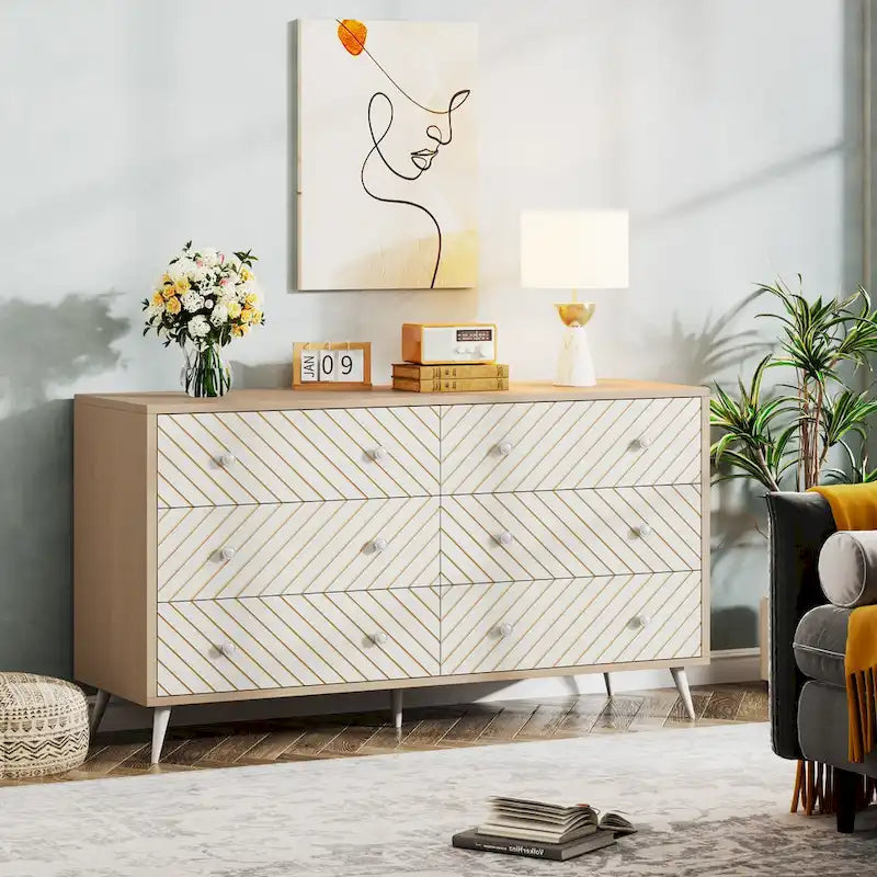 6-Drawer Dresser with Metal Legs, Brown / White, 1-Person Assembly