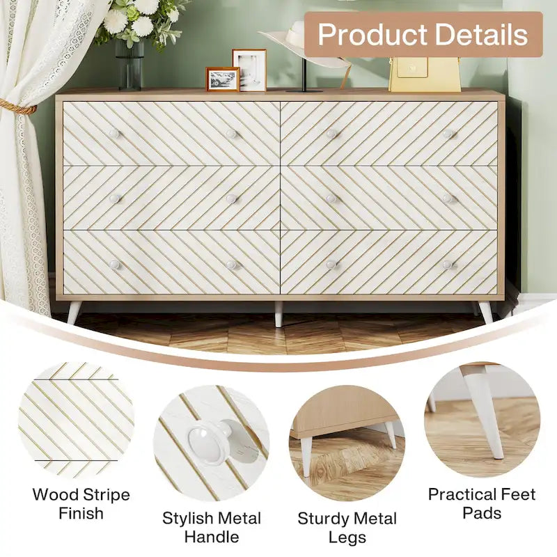 6-Drawer Dresser with Metal Legs, Brown / White, 1-Person Assembly