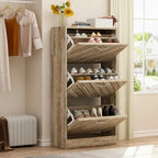 Zapatero de 3 niveles con puertas abatibles, gris y roble, independiente, con capacidad para 12-15 pares