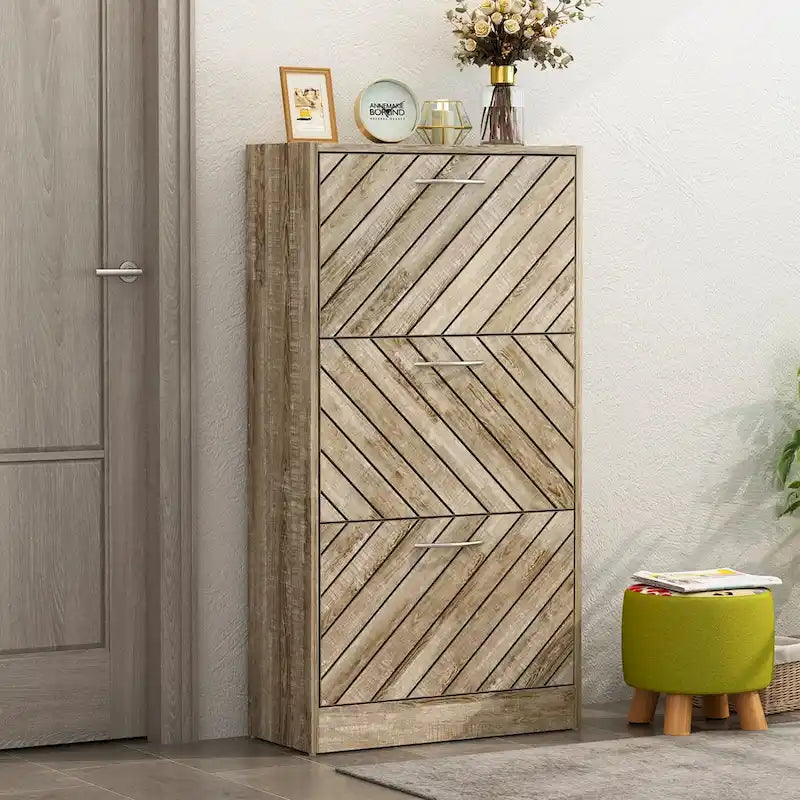 Zapatero de 3 niveles con puertas abatibles, gris y roble, independiente, con capacidad para 12-15 pares