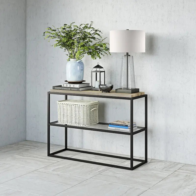 Blackened Bronze Console Table, Steel & Glass, 1-Person Assembly