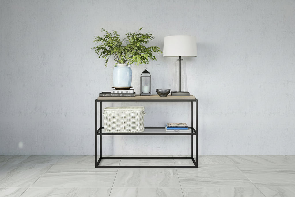 Blackened Bronze Console Table, Steel & Glass, 1-Person Assembly
