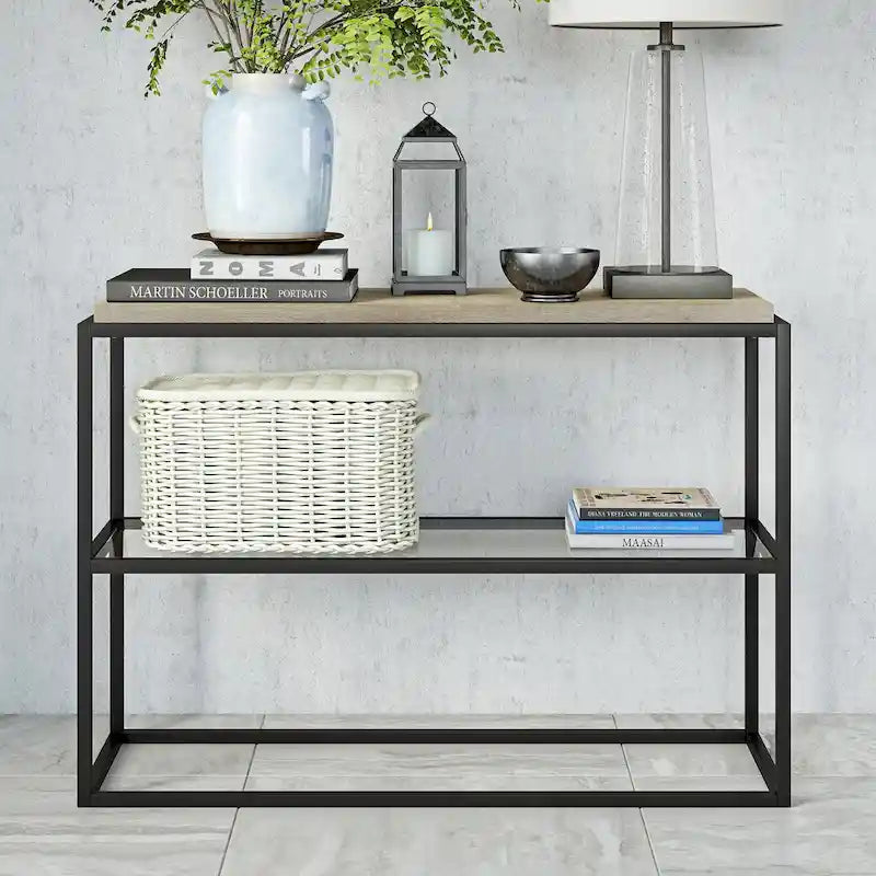 Blackened Bronze Console Table, Steel & Glass, 1-Person Assembly