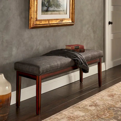 Backless Upholstered Bench, 1-Seat | Brown / Beige Linen / Dark Grey Linen / Grey Linen | Espresso Wood Frame