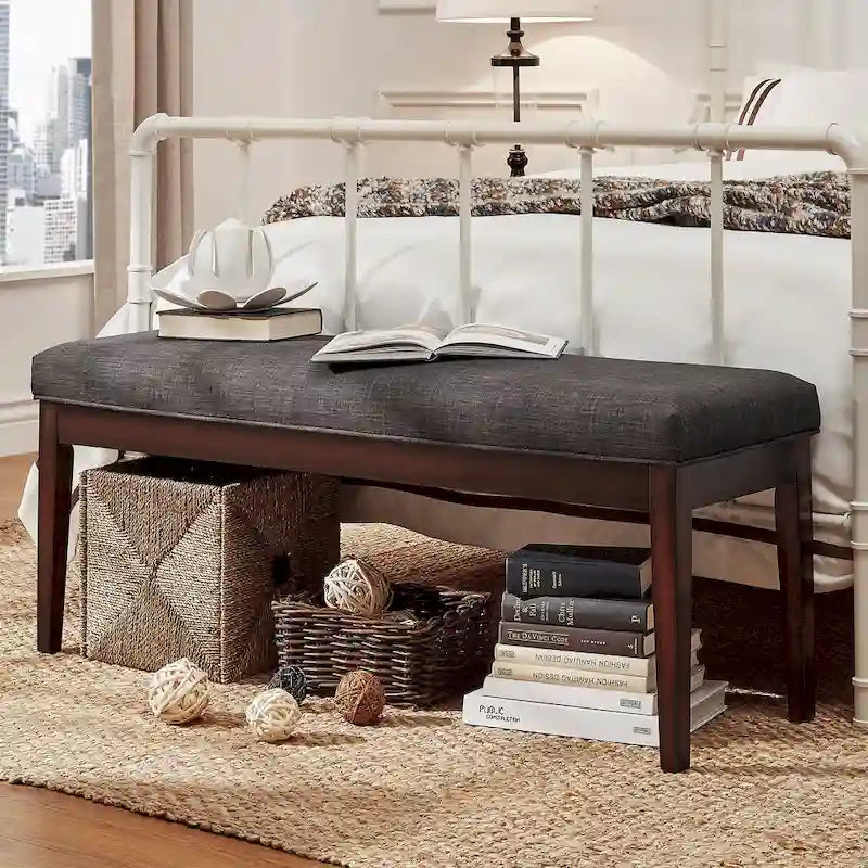 Backless Upholstered Bench, 1-Seat | Brown / Beige Linen / Dark Grey Linen / Grey Linen | Espresso Wood Frame