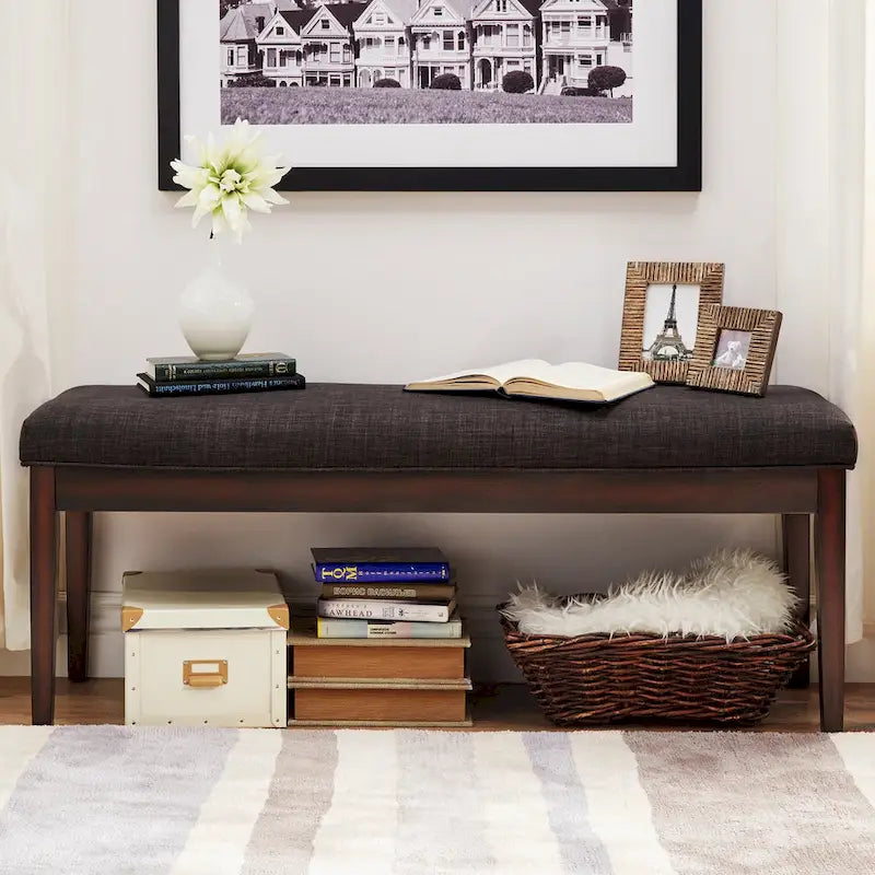 Backless Upholstered Bench, 1-Seat | Brown / Beige Linen / Dark Grey Linen / Grey Linen | Espresso Wood Frame