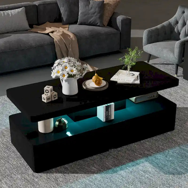 Black / White Modern LED Coffee Table, Double-Layer, for 1 Household