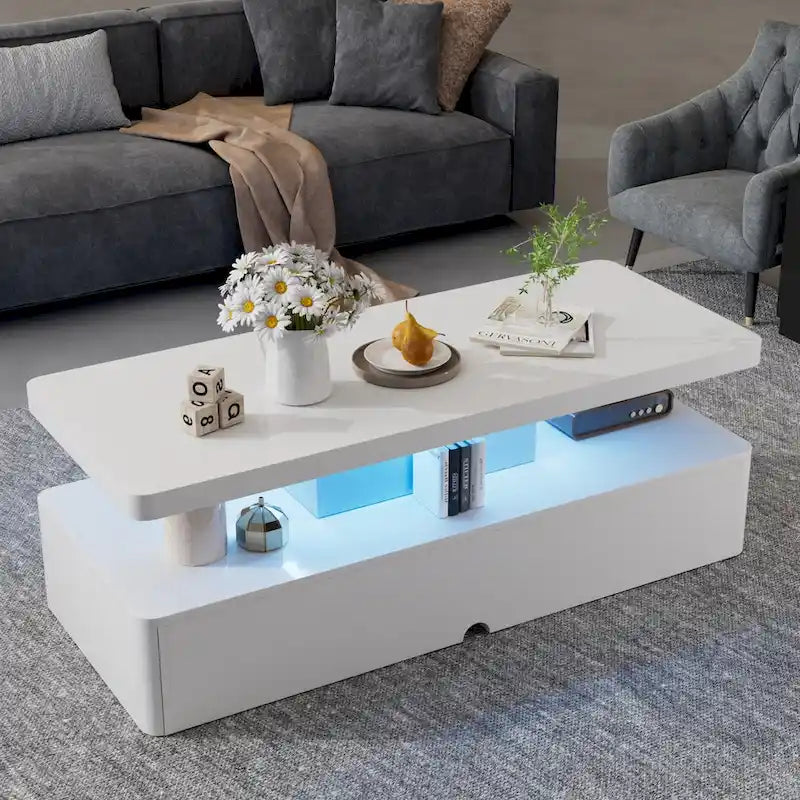 Mesa de centro LED moderna blanca y negra, doble capa, para 1 hogar