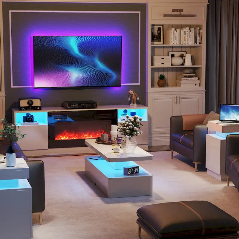 Mesa de centro LED moderna blanca y negra, doble capa, para 1 hogar