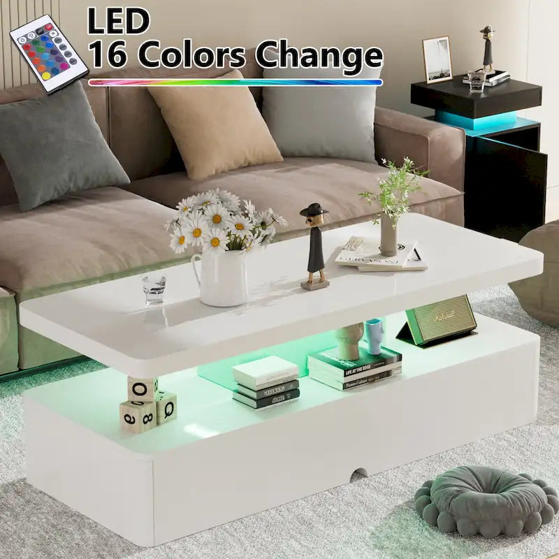 Mesa de centro LED moderna blanca y negra, doble capa, para 1 hogar