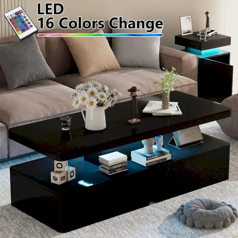 Mesa de centro LED moderna blanca y negra, doble capa, para 1 hogar