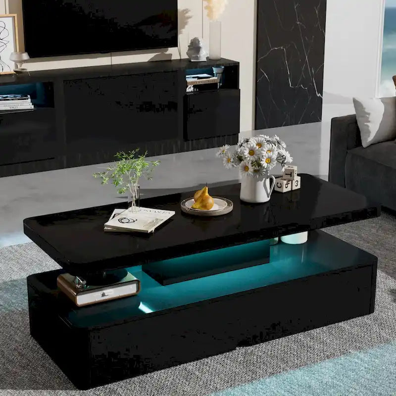 Mesa de centro LED moderna blanca y negra, doble capa, para 1 hogar