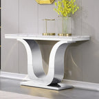 Mesa Consola Blanca/Plateada y Dorada, Cubierta de Falso Mármol, Base en Forma de U