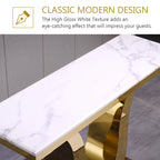 Mesa Consola Blanca/Plateada y Dorada, Cubierta de Falso Mármol, Base en Forma de U