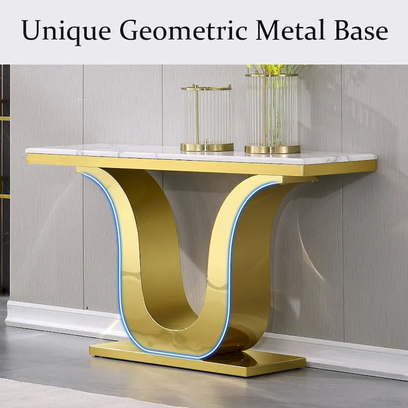 Mesa Consola Blanca/Plateada y Dorada, Cubierta de Falso Mármol, Base en Forma de U