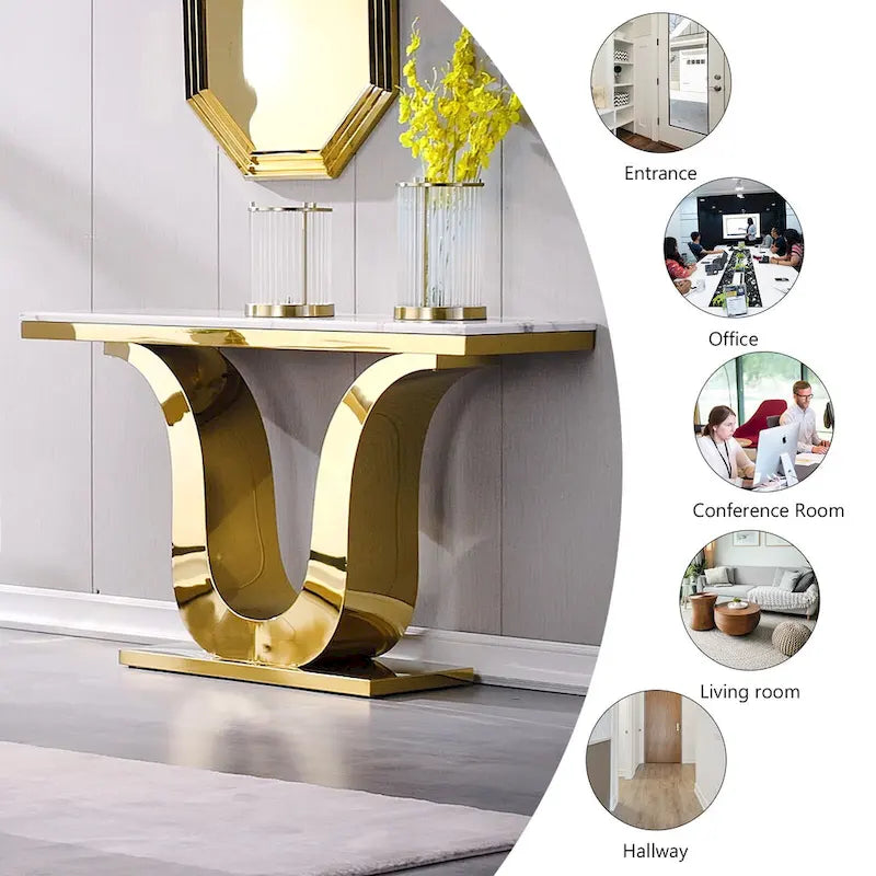 Mesa Consola Blanca/Plateada y Dorada, Cubierta de Falso Mármol, Base en Forma de U