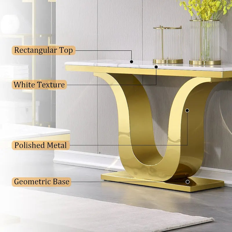 Mesa Consola Blanca/Plateada y Dorada, Cubierta de Falso Mármol, Base en Forma de U