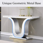 Mesa Consola Blanca/Plateada y Dorada, Cubierta de Falso Mármol, Base en Forma de U