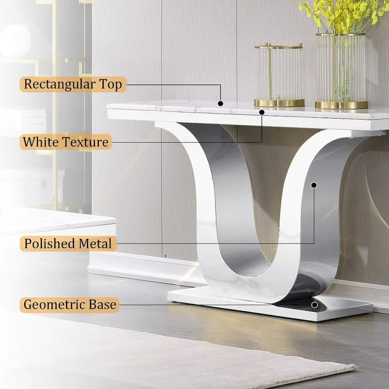Mesa Consola Blanca/Plateada y Dorada, Cubierta de Falso Mármol, Base en Forma de U