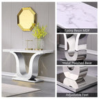Mesa Consola Blanca/Plateada y Dorada, Cubierta de Falso Mármol, Base en Forma de U