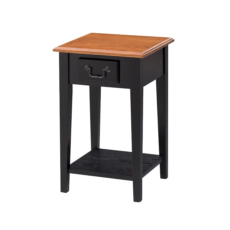 One-Drawer Square Side Table with Bottom Shelf, Medium Oak / Slate Black / White