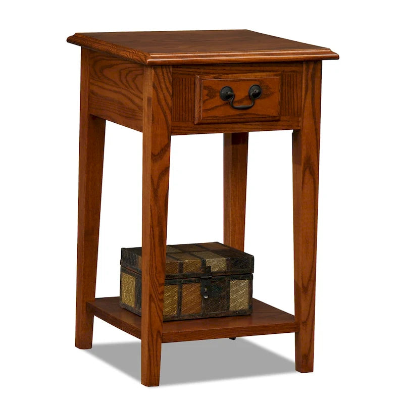 One-Drawer Square Side Table with Bottom Shelf, Medium Oak / Slate Black / White