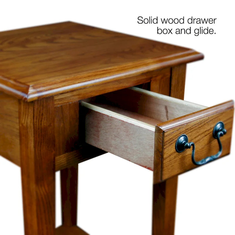 One-Drawer Square Side Table with Bottom Shelf, Medium Oak / Slate Black / White