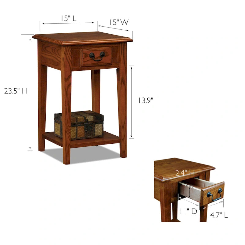 One-Drawer Square Side Table with Bottom Shelf, Medium Oak / Slate Black / White