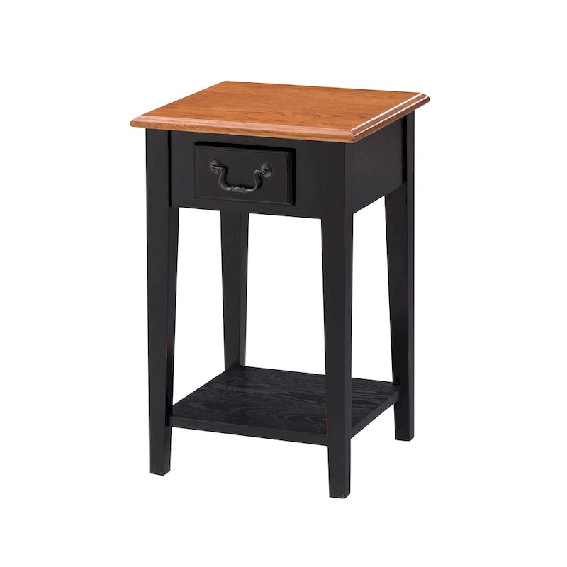 One-Drawer Square Side Table with Bottom Shelf, Medium Oak / Slate Black / White