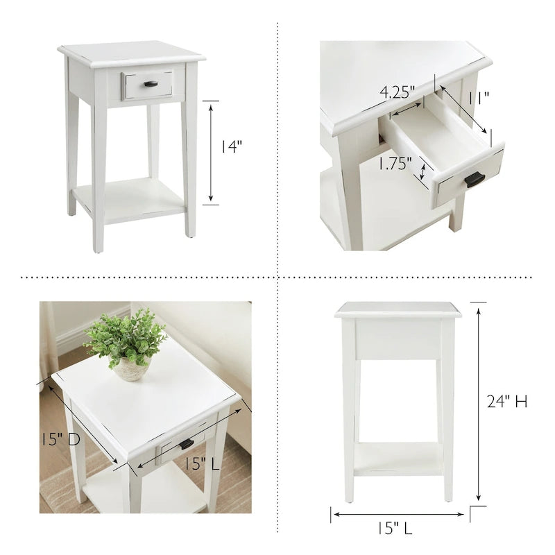 One-Drawer Square Side Table with Bottom Shelf, Medium Oak / Slate Black / White