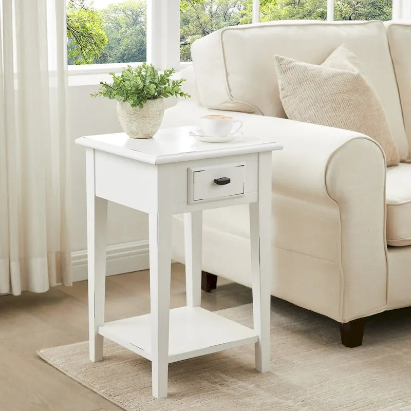 One-Drawer Square Side Table with Bottom Shelf, Medium Oak / Slate Black / White