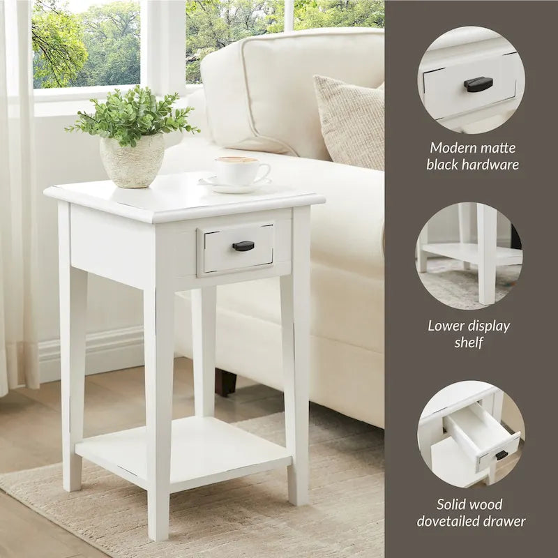 One-Drawer Square Side Table with Bottom Shelf, Medium Oak / Slate Black / White