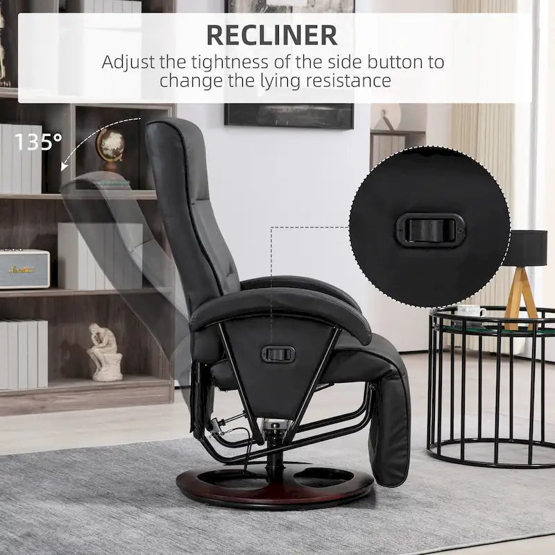 Black / Cream White / Grey PU Swivel Recliner with Footrest, 1-Seat Lounge Chair, 135° Adjustable Backrest