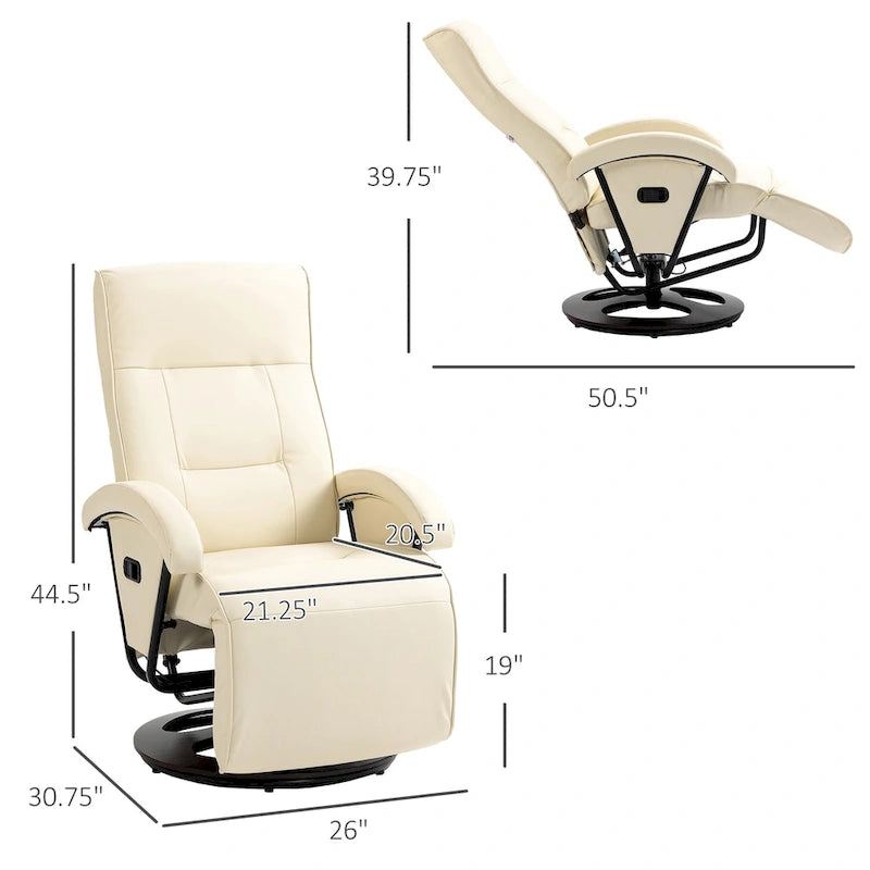 Sillón reclinable giratorio de PU negro/blanco crema/gris con reposapiés, sillón de una plaza, respaldo ajustable 135°