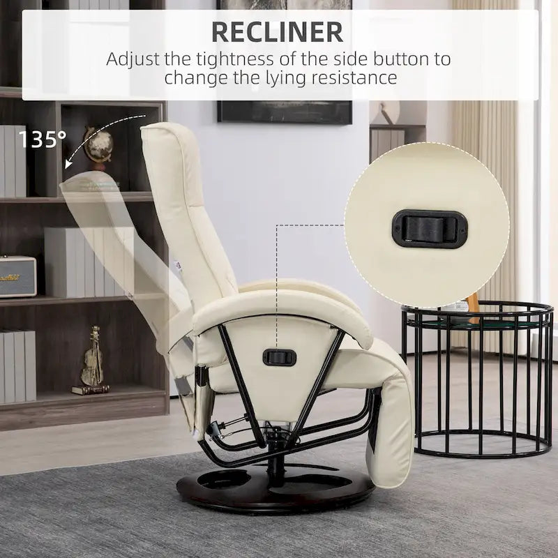 Sillón reclinable giratorio de PU negro/blanco crema/gris con reposapiés, sillón de una plaza, respaldo ajustable 135°
