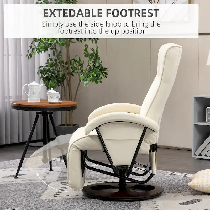 Sillón reclinable giratorio de PU negro/blanco crema/gris con reposapiés, sillón de una plaza, respaldo ajustable 135°