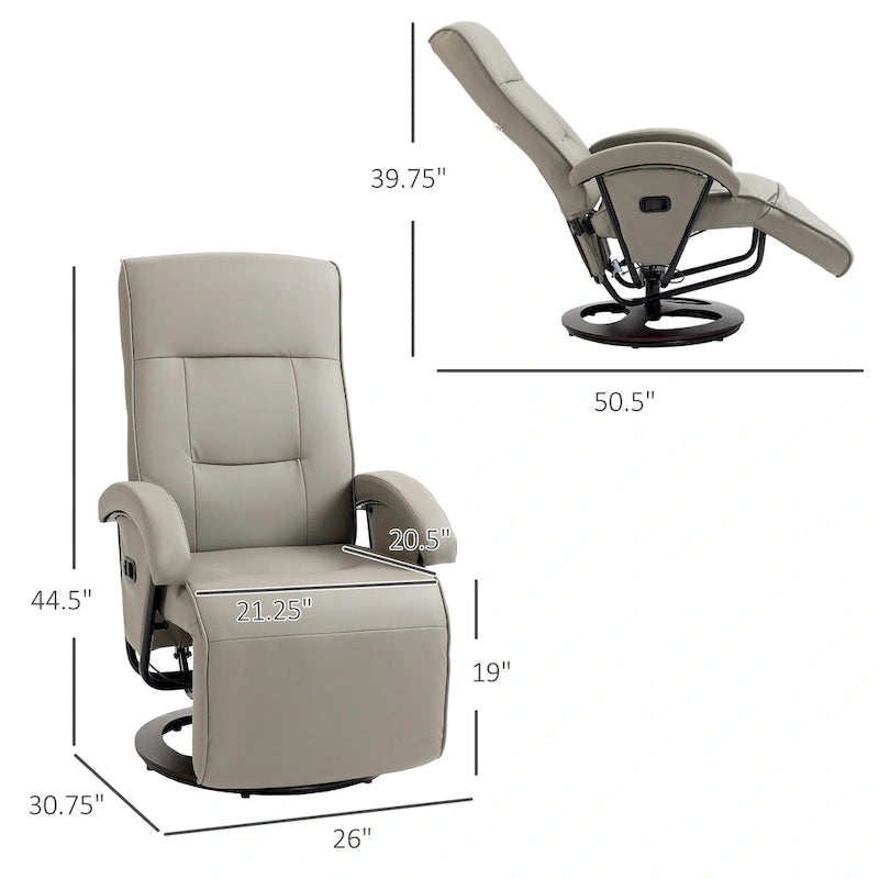 Sillón reclinable giratorio de PU negro/blanco crema/gris con reposapiés, sillón de una plaza, respaldo ajustable 135°